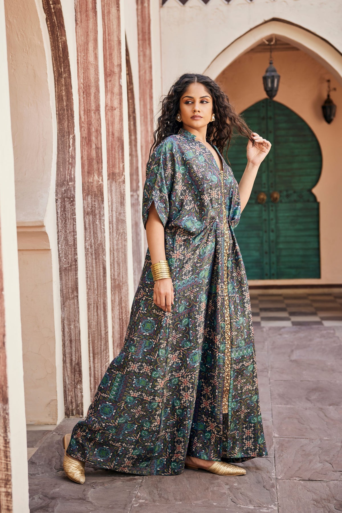 Printed Kaftan Dress with Mirror Work