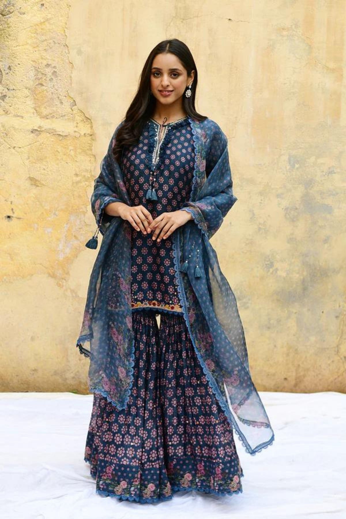 Blue Dotted Cascade Sharara Set