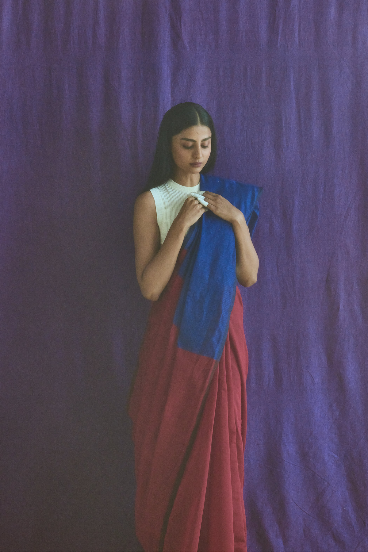 Red And Blue Cotton Silk Saree