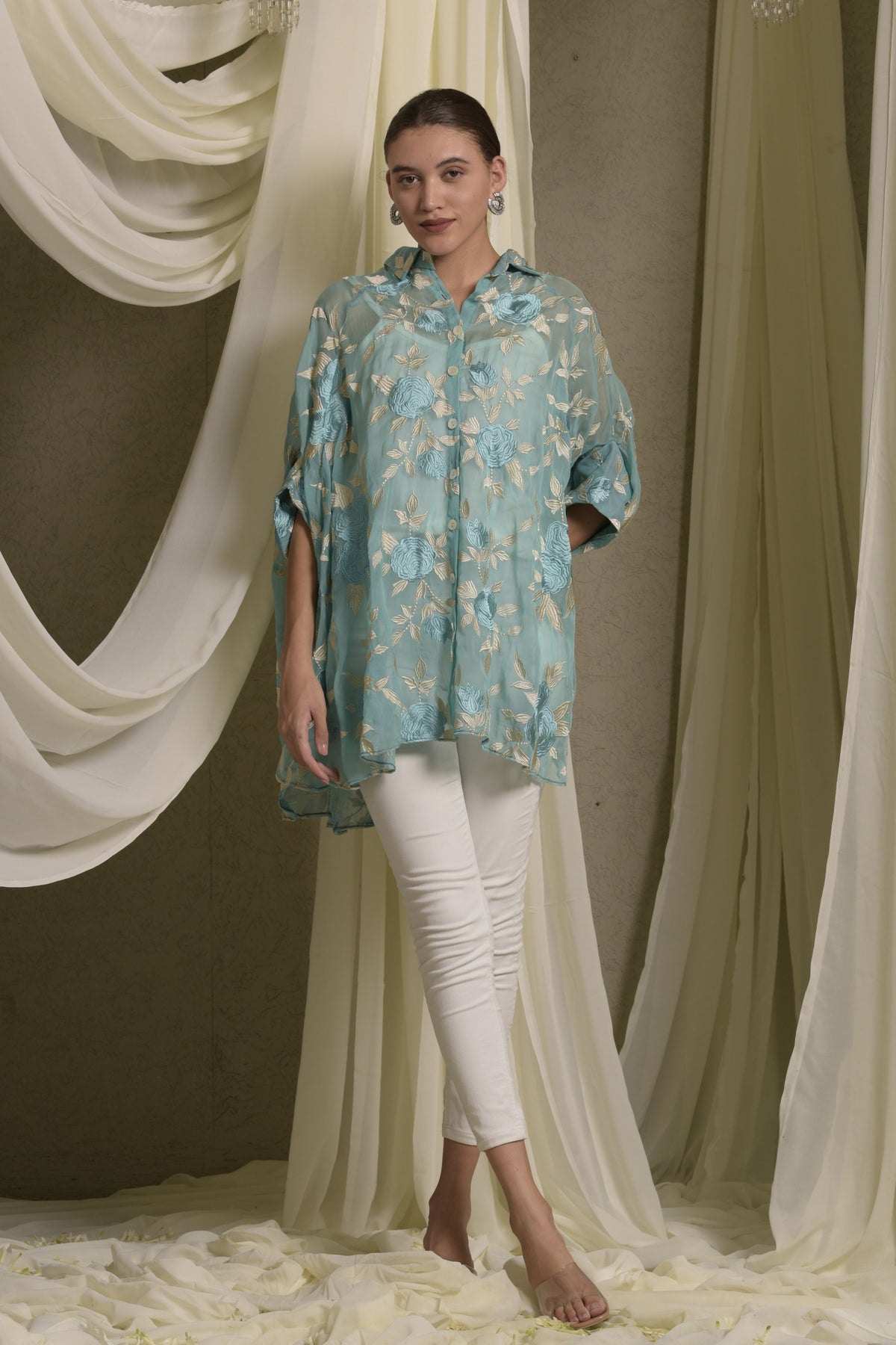 Elahe Embroidered Rose Aqua Shirt