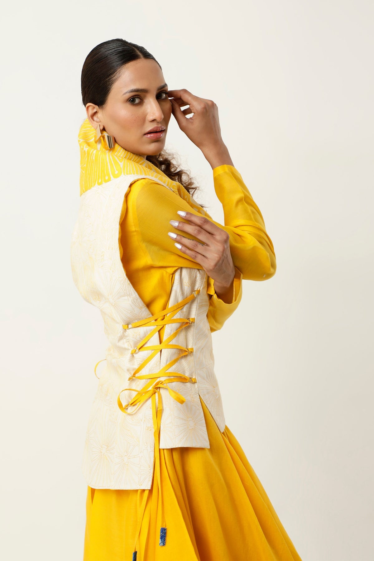 Yellow Drapped Collar Jacket Set