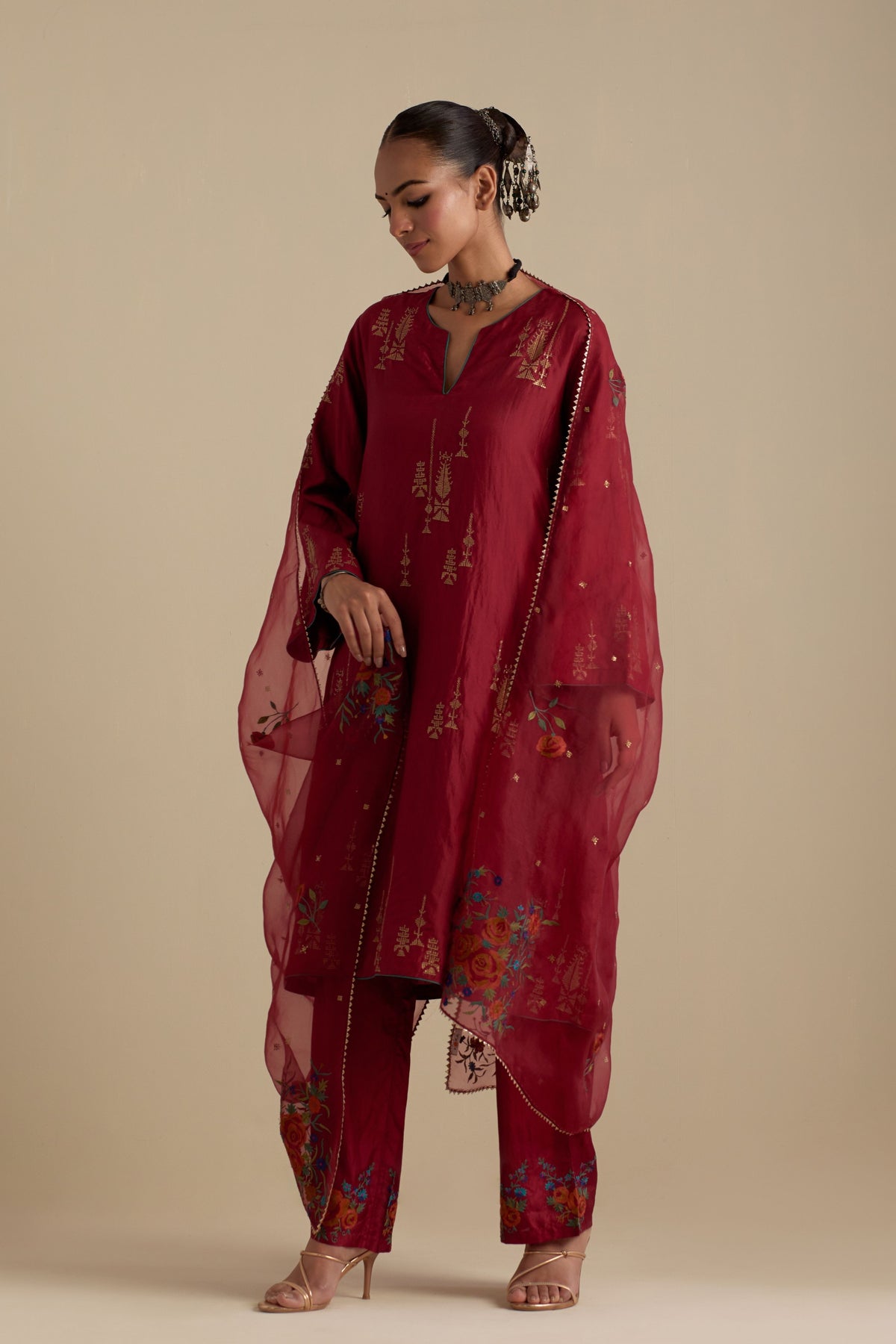 Barn Red Silk Short Kurta Set