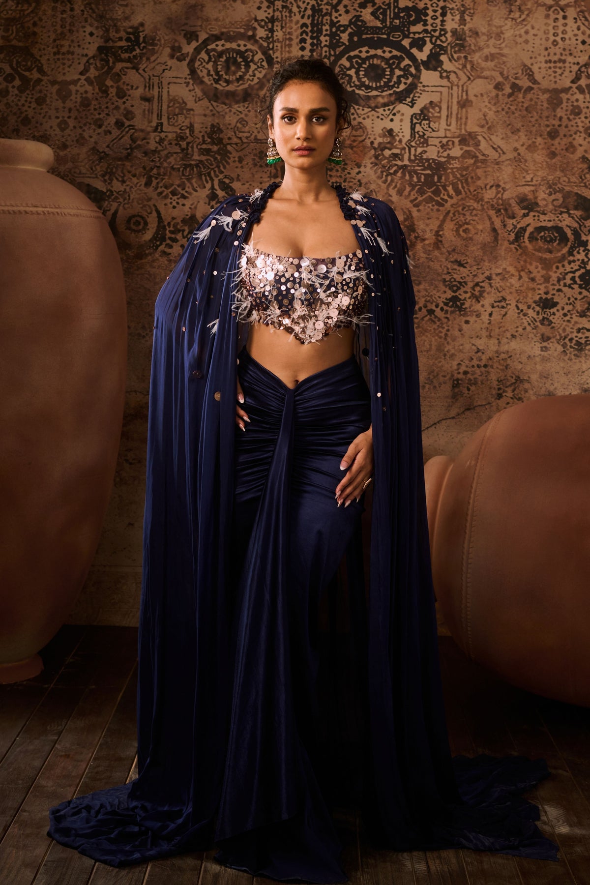 Navy Blue Embroidered Cape Set