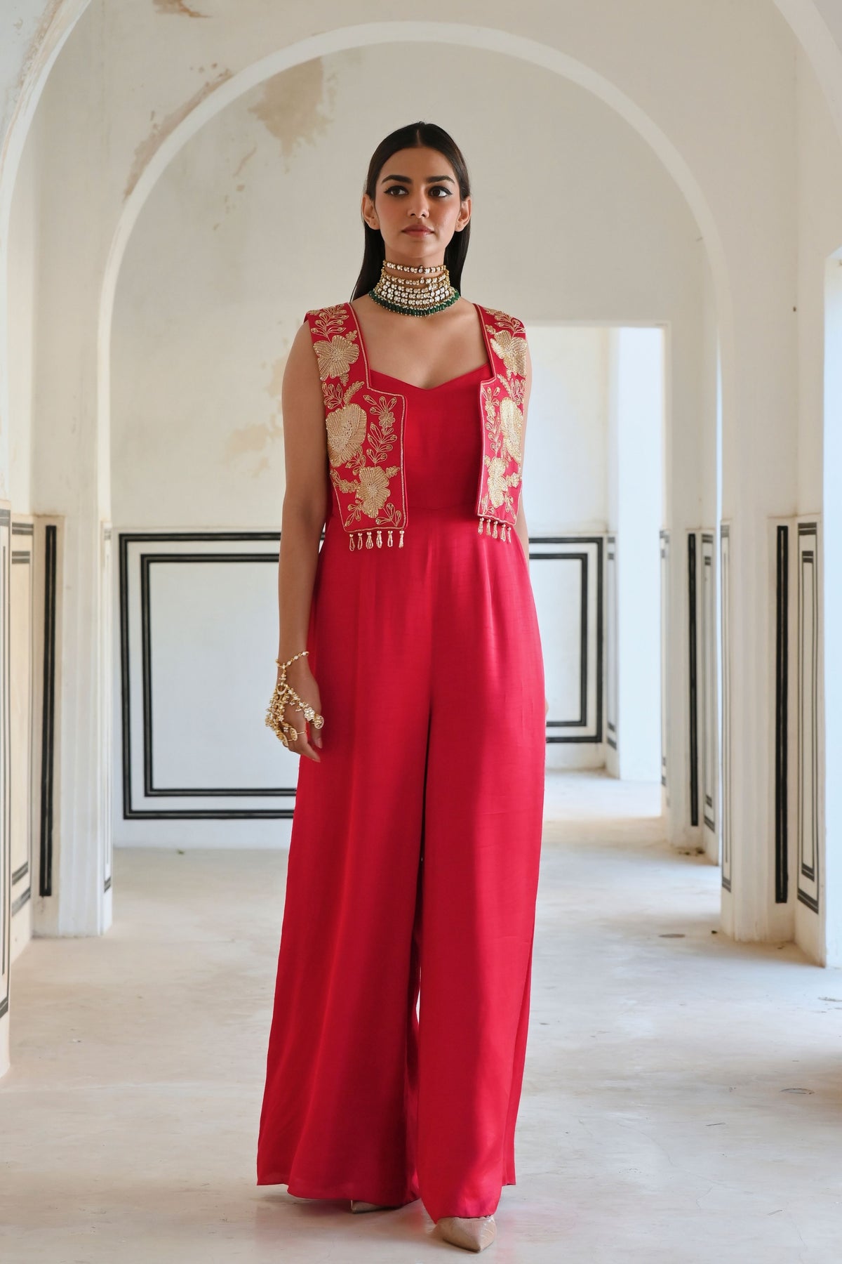 Red Embroidered Jumpsuit With Jacket