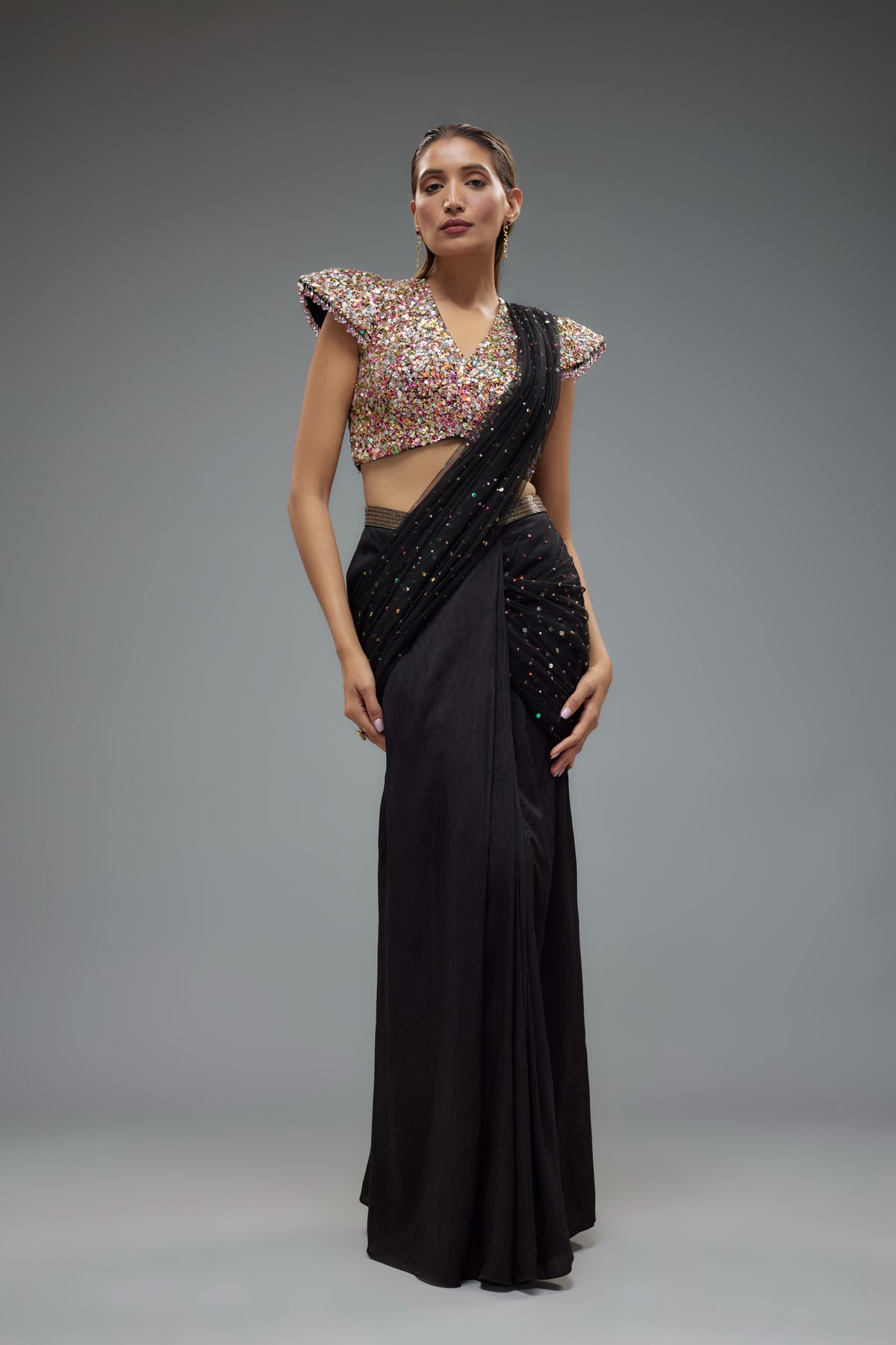 Black Embellished Saree Set