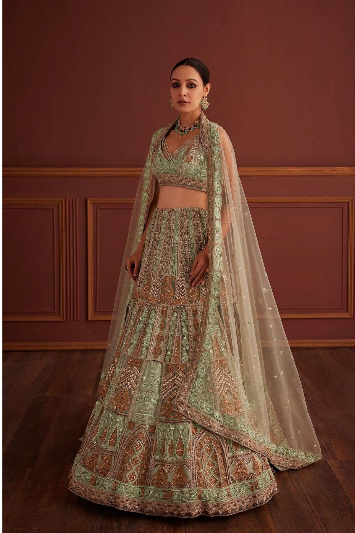 Green Two-toned Dori Lehenga