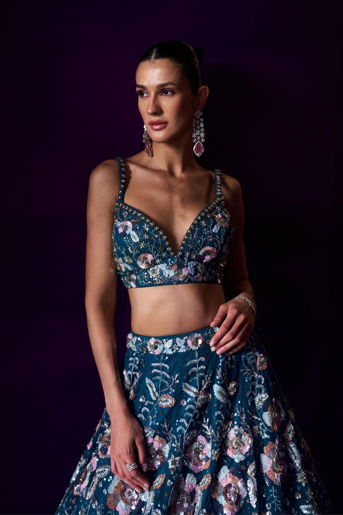 Peacock Blue Sequins Lehenga Set