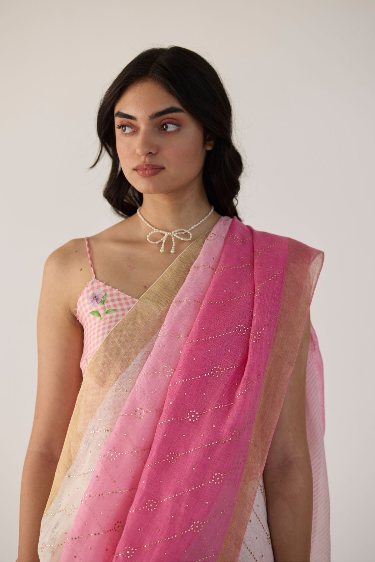 Pink Ombre Sari With Gold Dots Print