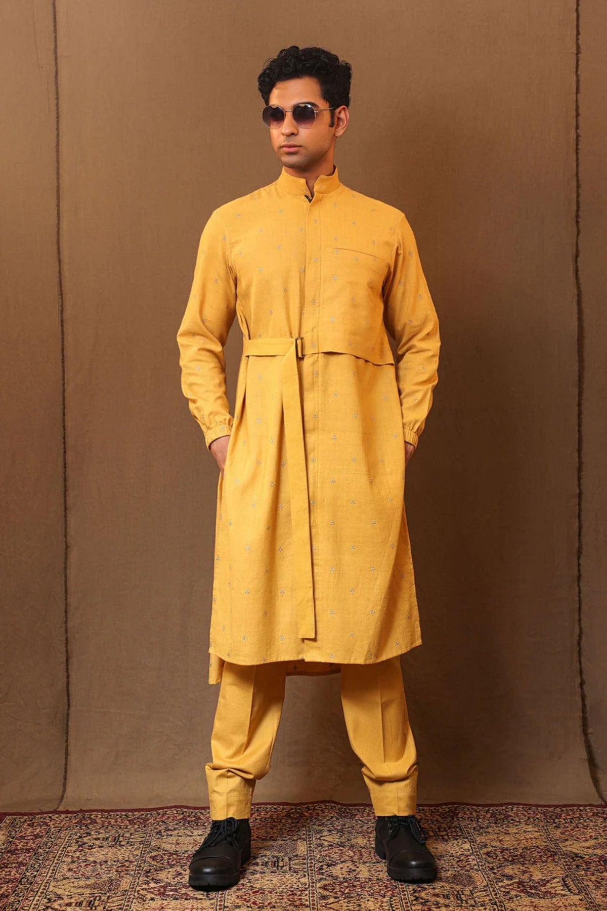 Mustard Zari Belted Kurta Set