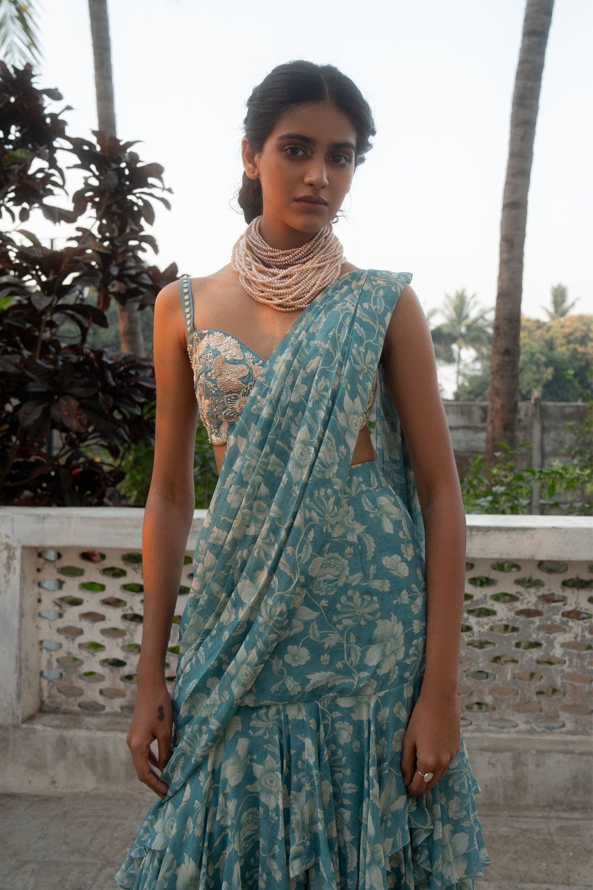 Ice Blue Pre-draped Saree Set