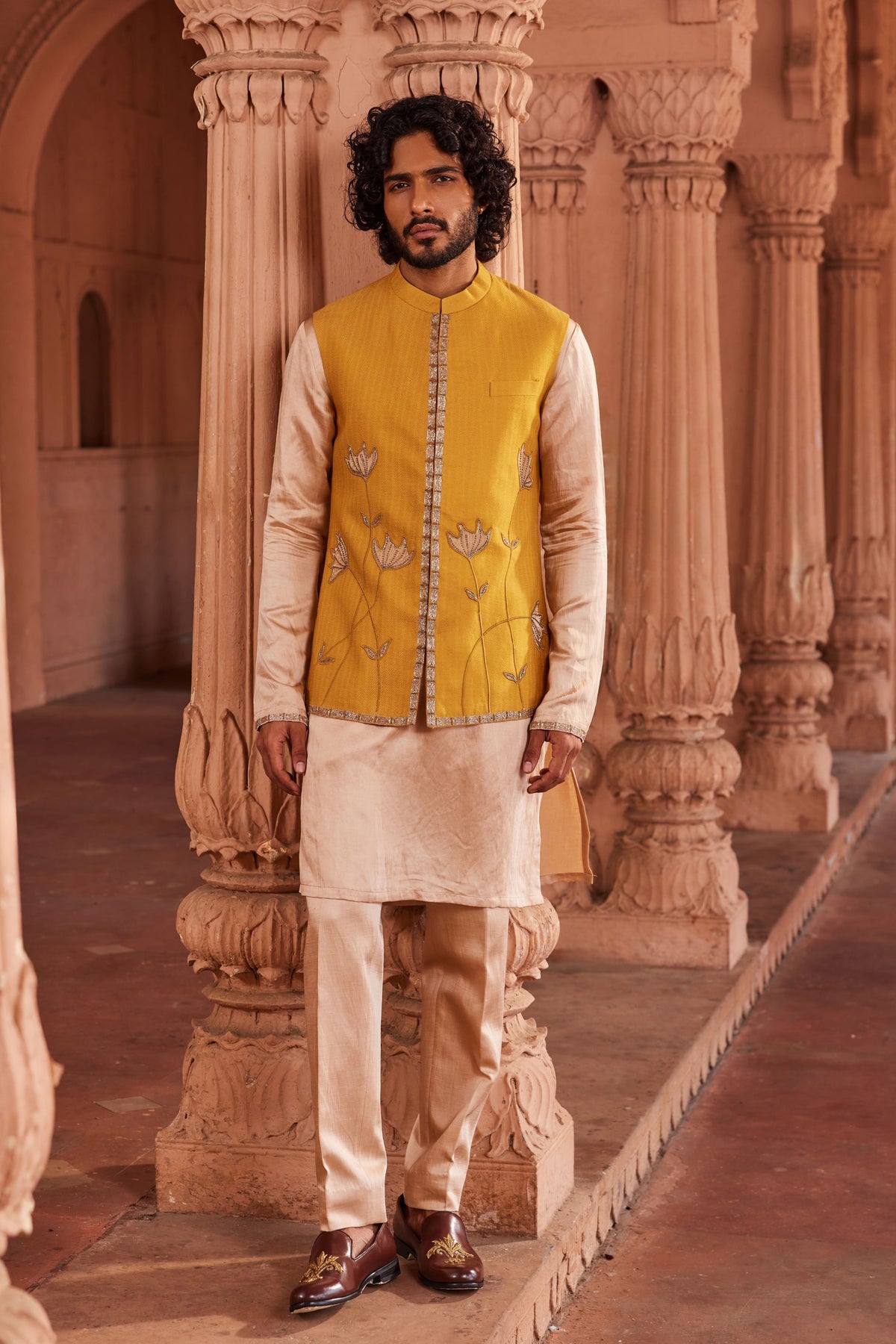 Marigold Silk Nehru Jacket Set