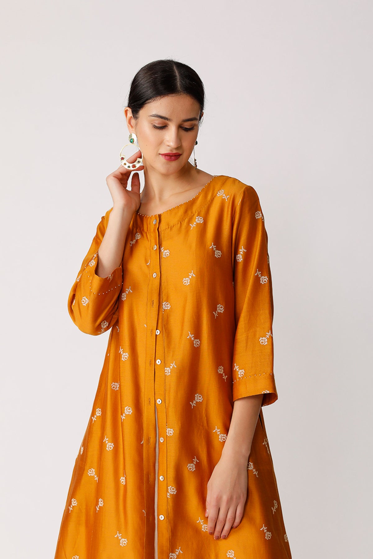 Mustard Swivel Embroidered Kurta