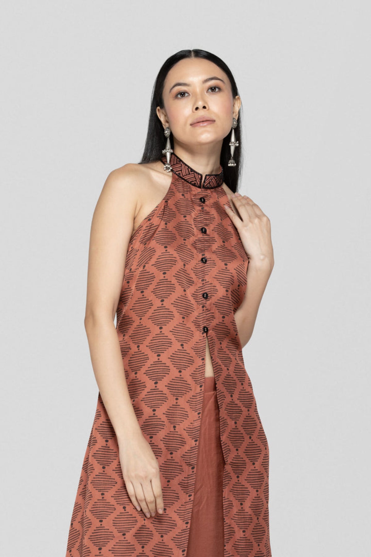 Dark Peach Hand Block Printed Halter Neck Co-ord Set