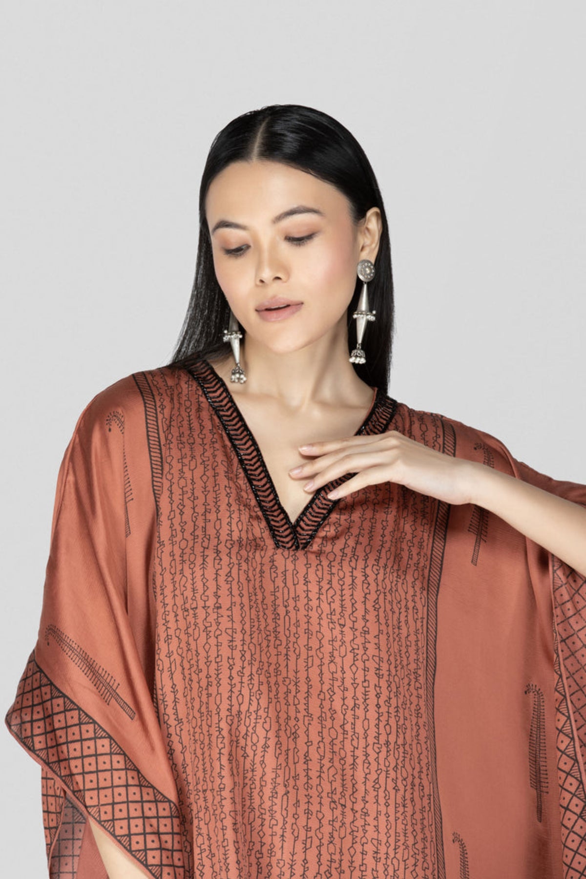 Dark Peach Hand Block Printed Kaftan Set