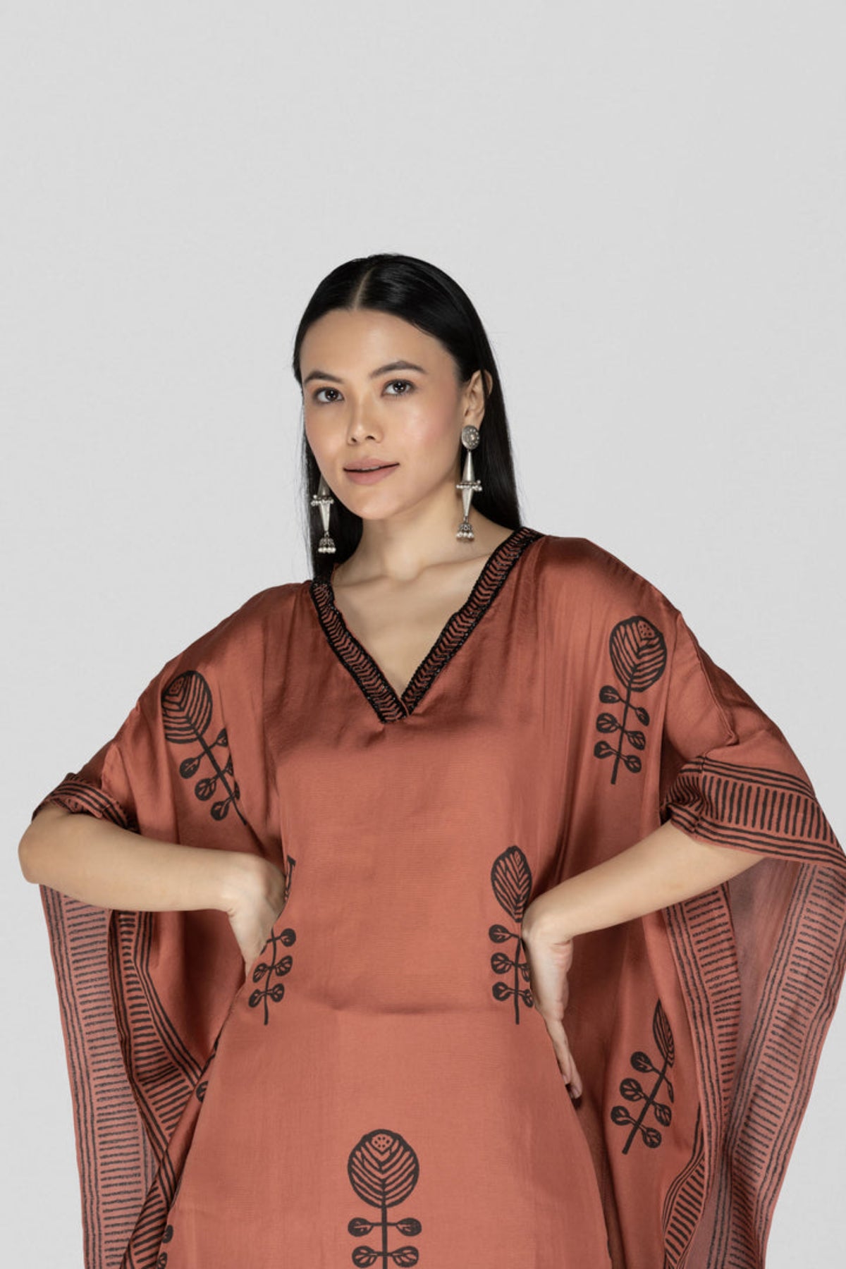 Dark Peach Hand Block Printed Kaftan Set