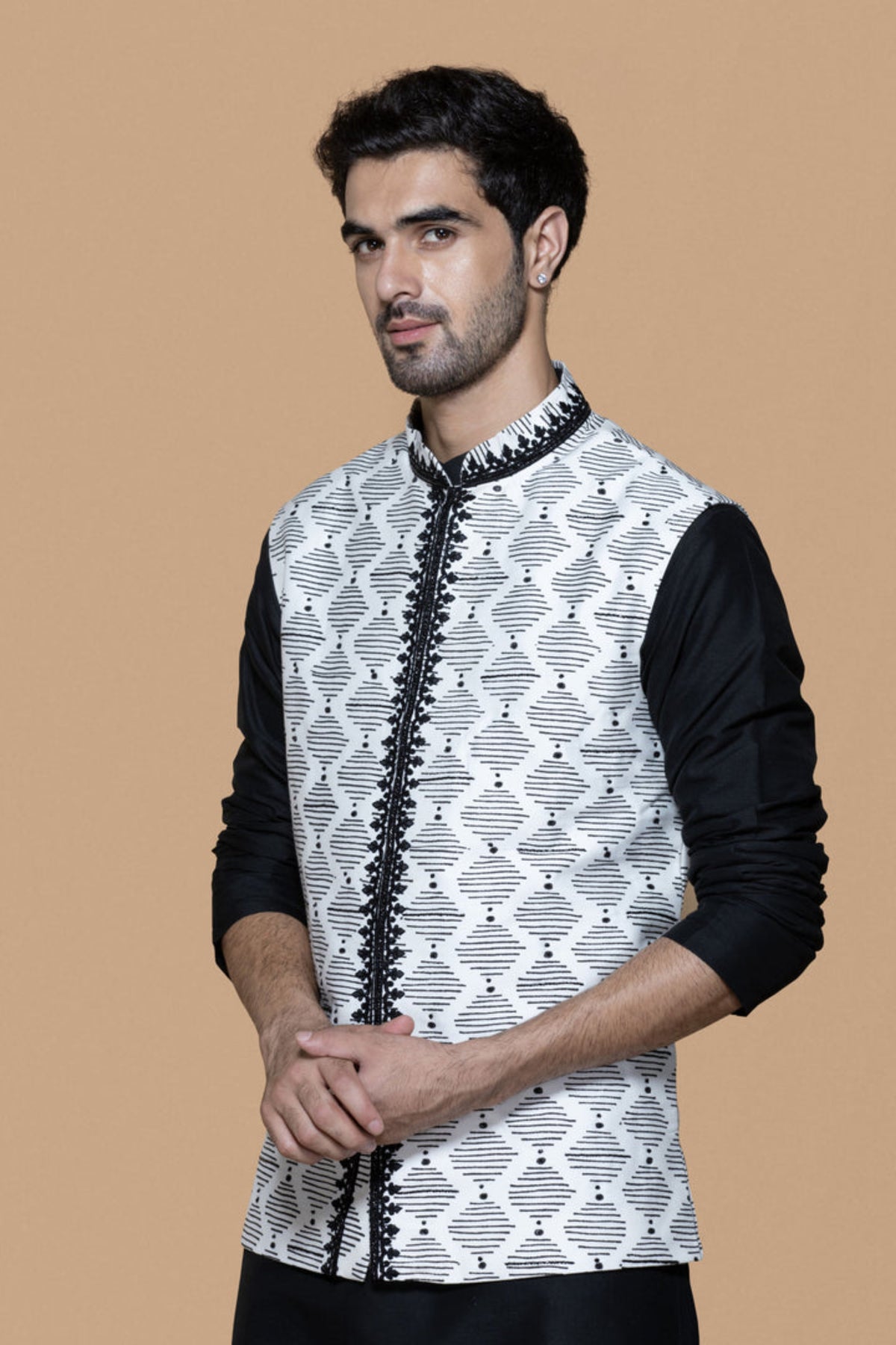 Ivory And Black Hand Block Bundi Kurta Set