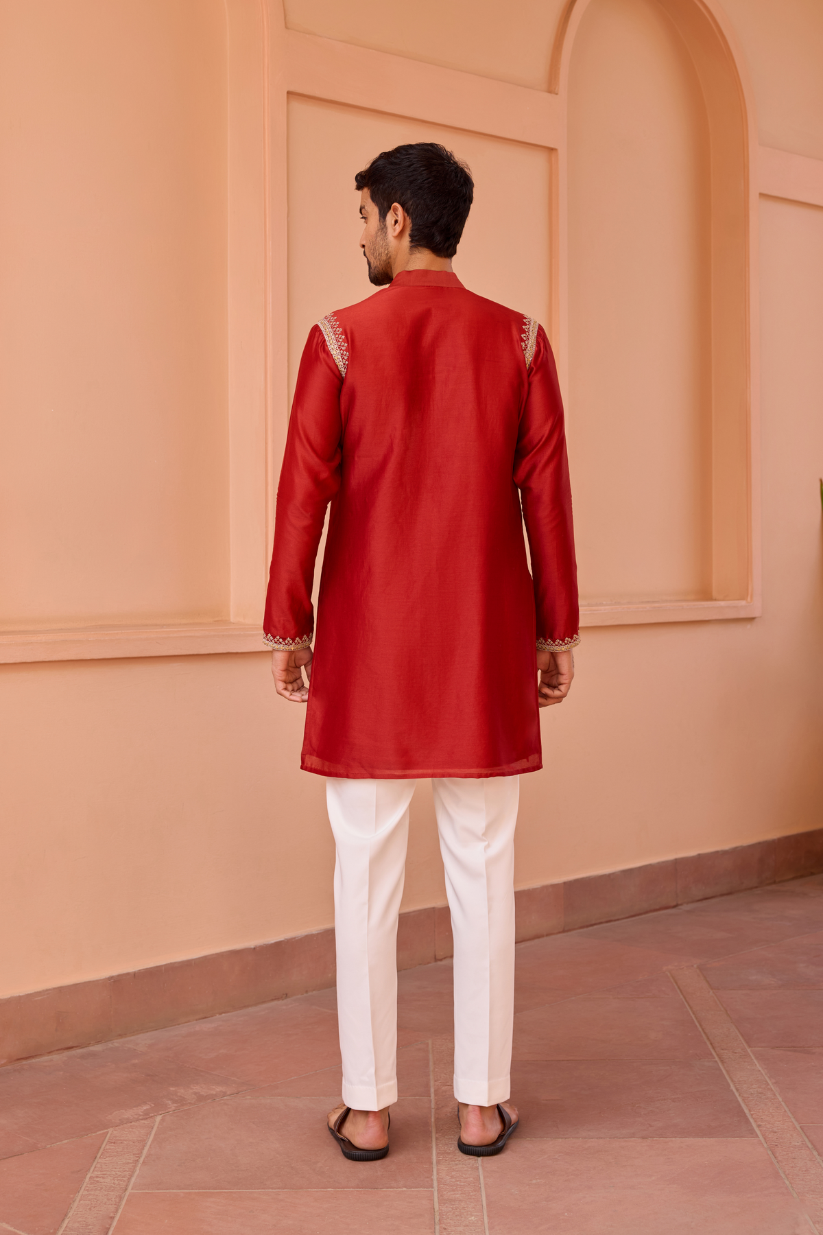 Red dori and hand embroidered silk kurta set