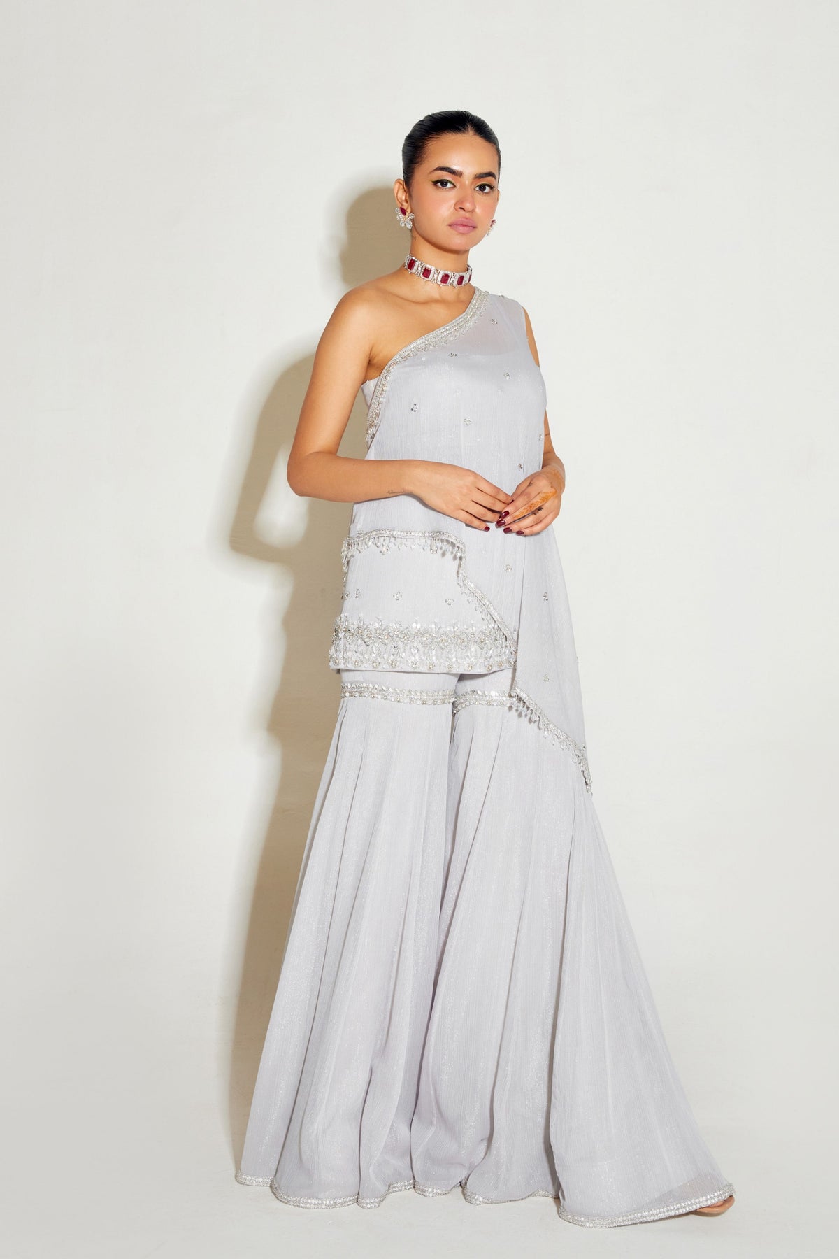 Grey One Shoulder Sharara Set