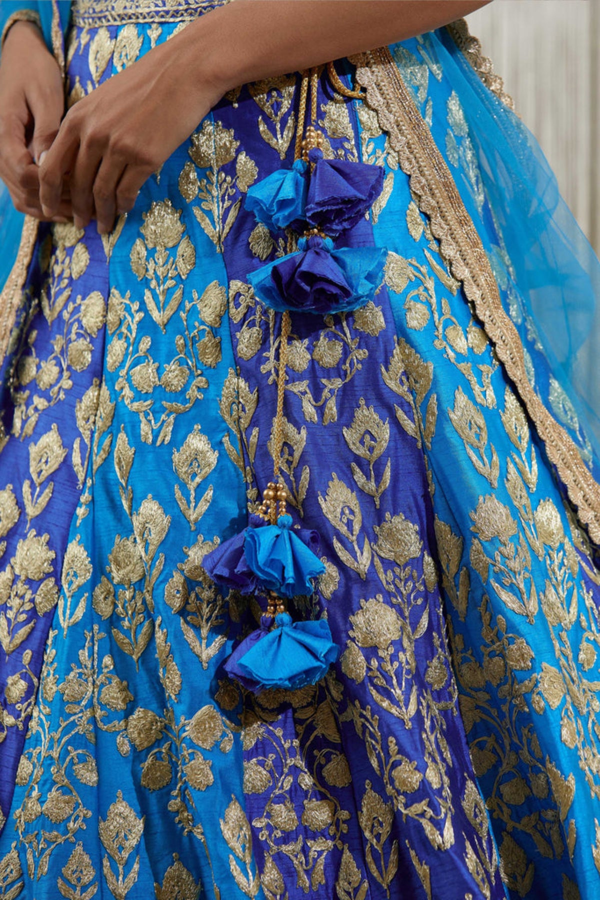Blue metallic embroidered lehenga set