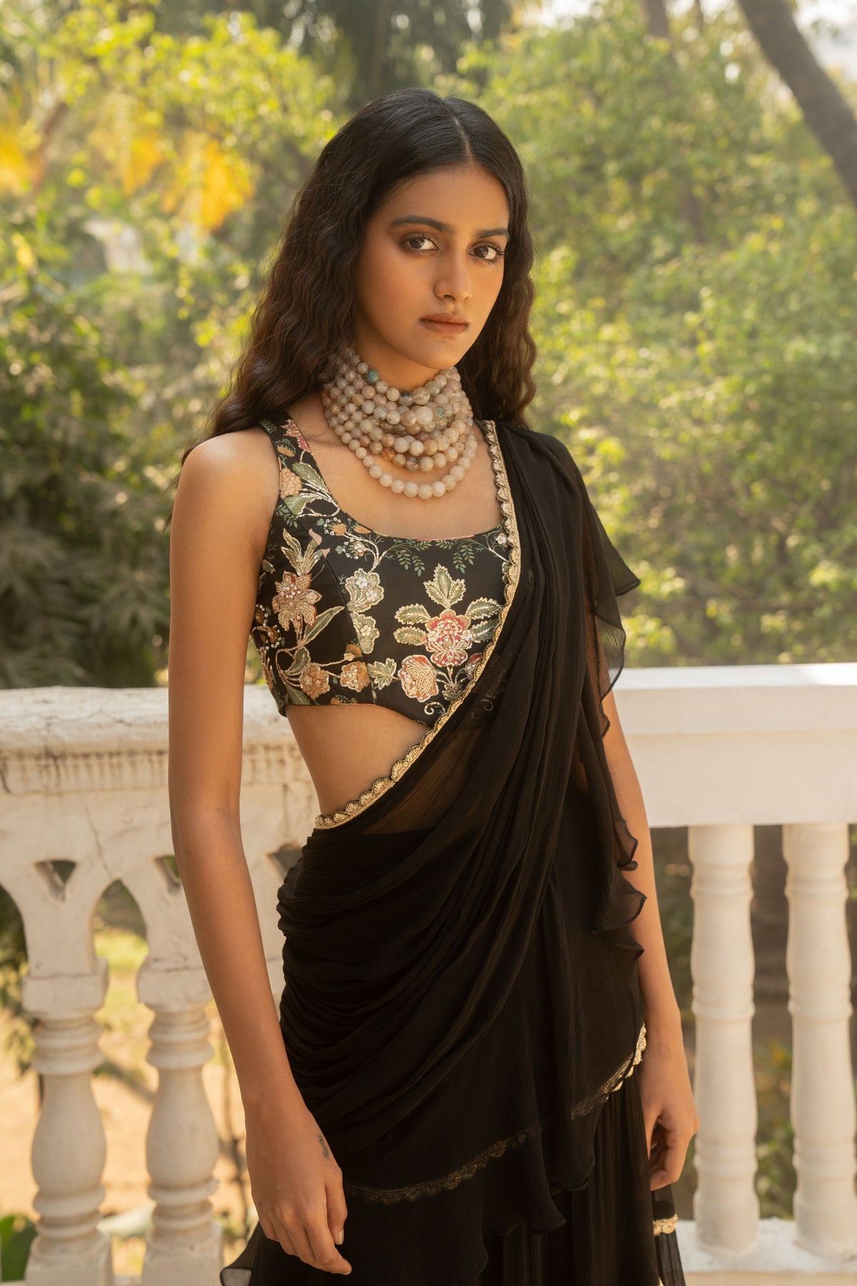 Black Pre-draped Saree Set