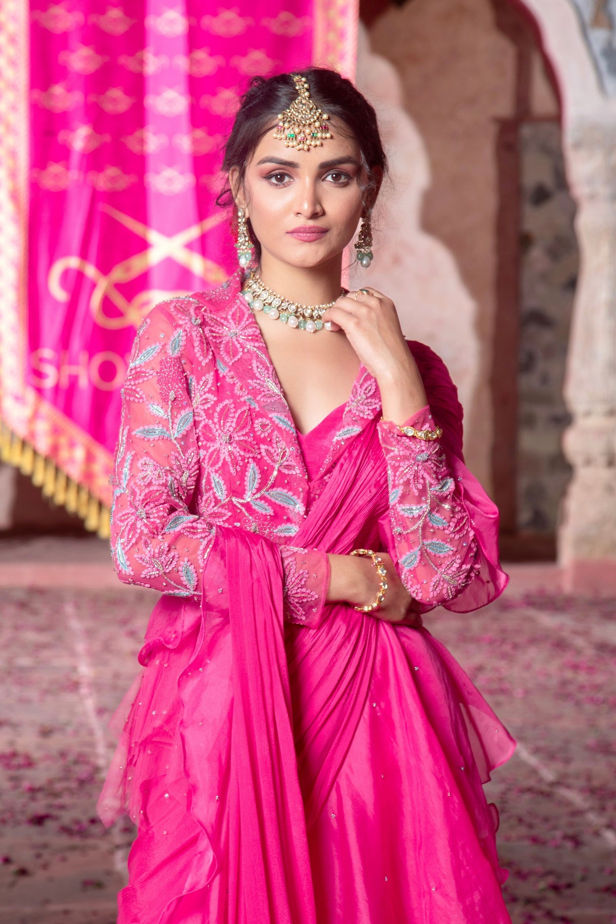 Hot Pink Embroidered Drape Saree Set