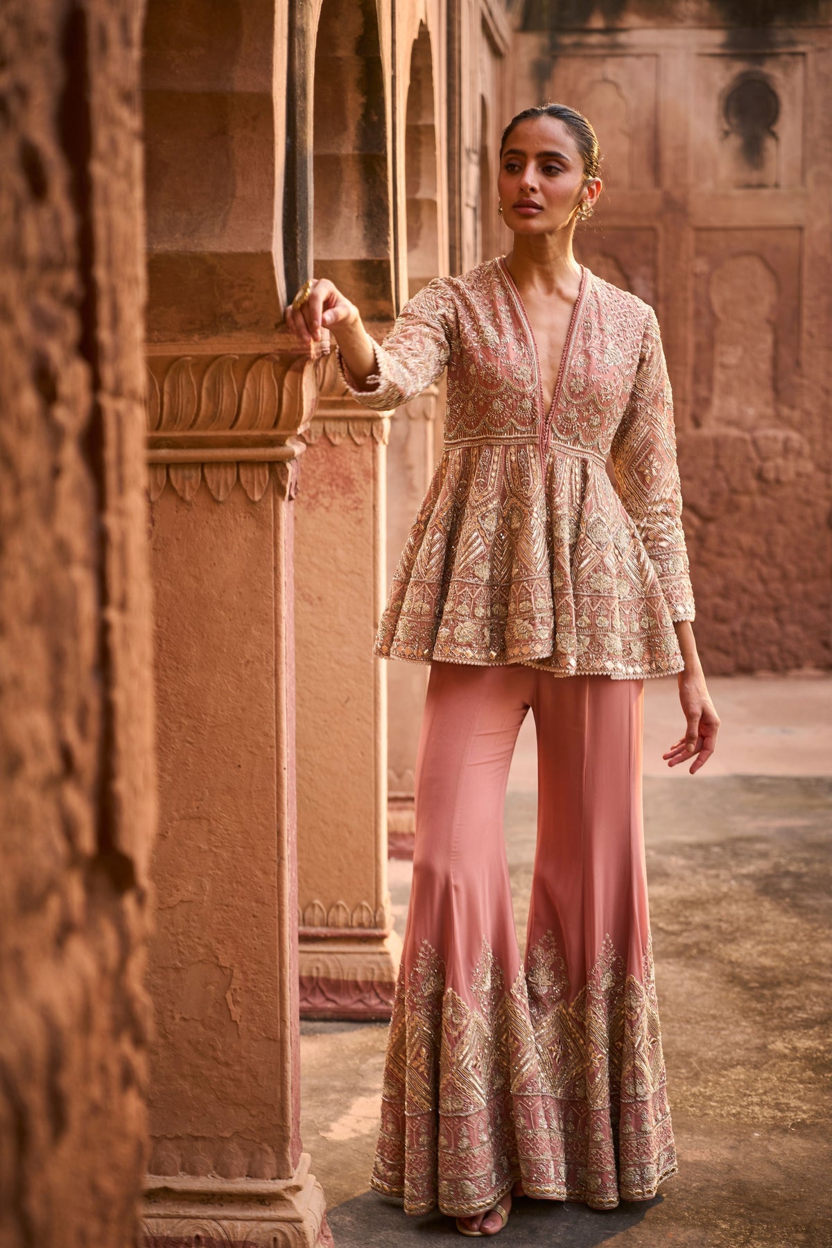 Embroidered Peach Sharara Set