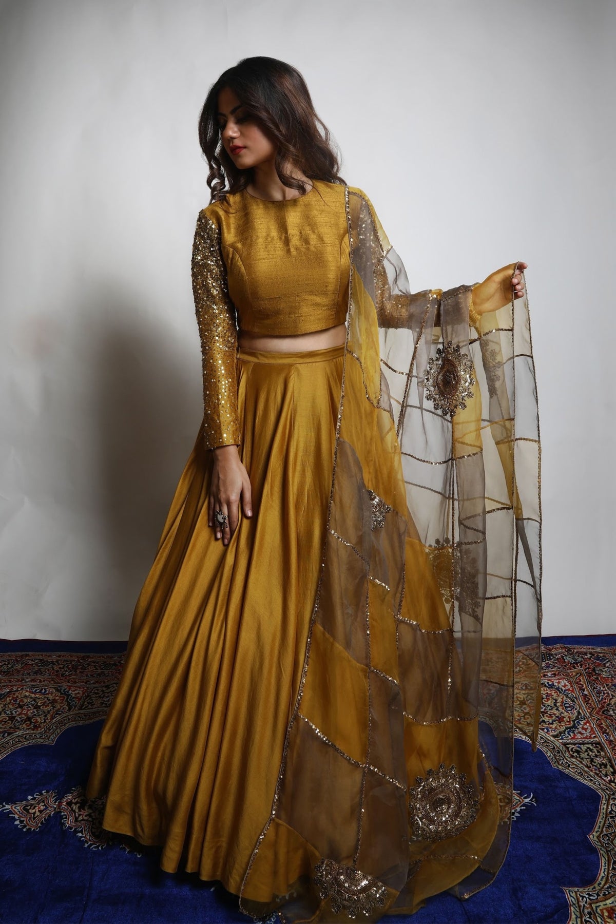 Burnt Gold &amp; Grey Lehenga Set