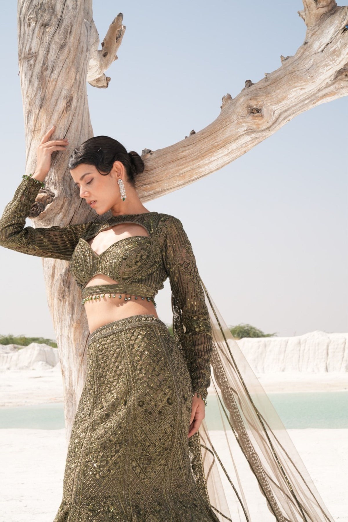 Green Fish Cut Lehenga Set