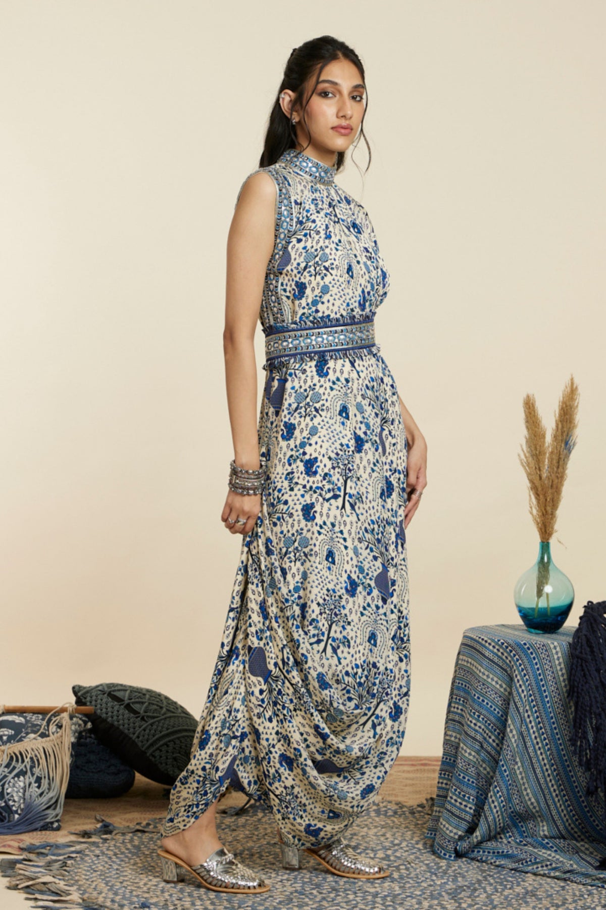 Safar Blue Drape Dress With Belt