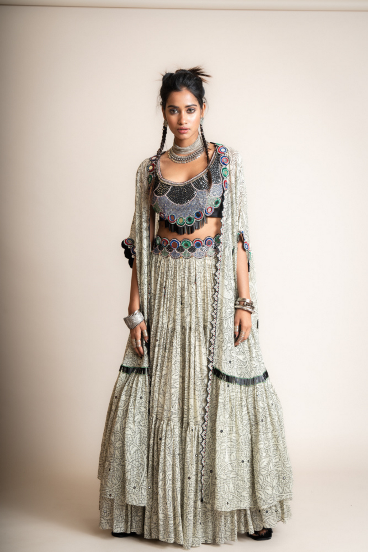 Coconut Frill Jacket And Tiered Lehenga