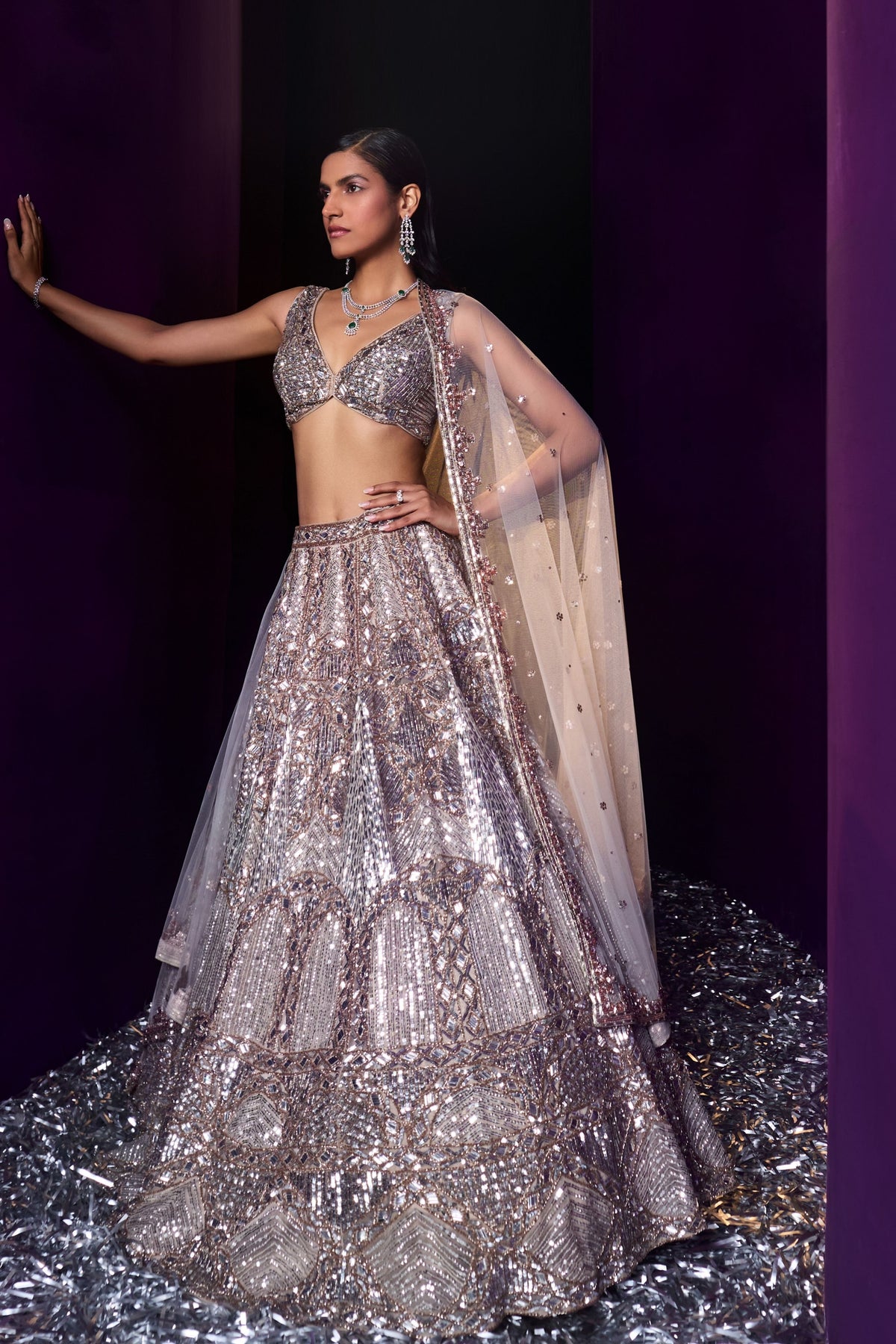 Champagne Organza Embroired Lehenga Set