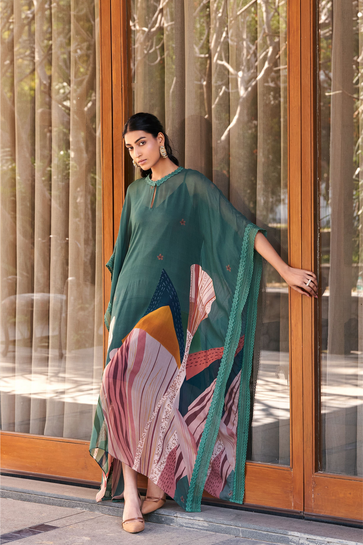 Sage Green Abstract Print Long Kaftan