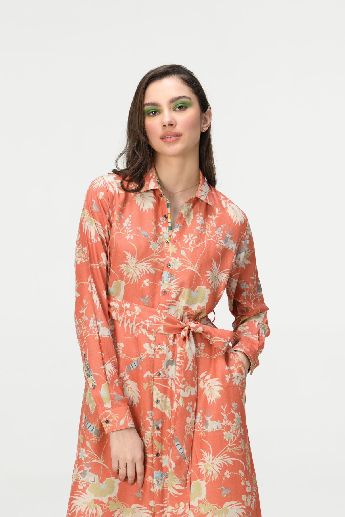 Springforest Tie Belt Shirt Coral Dress