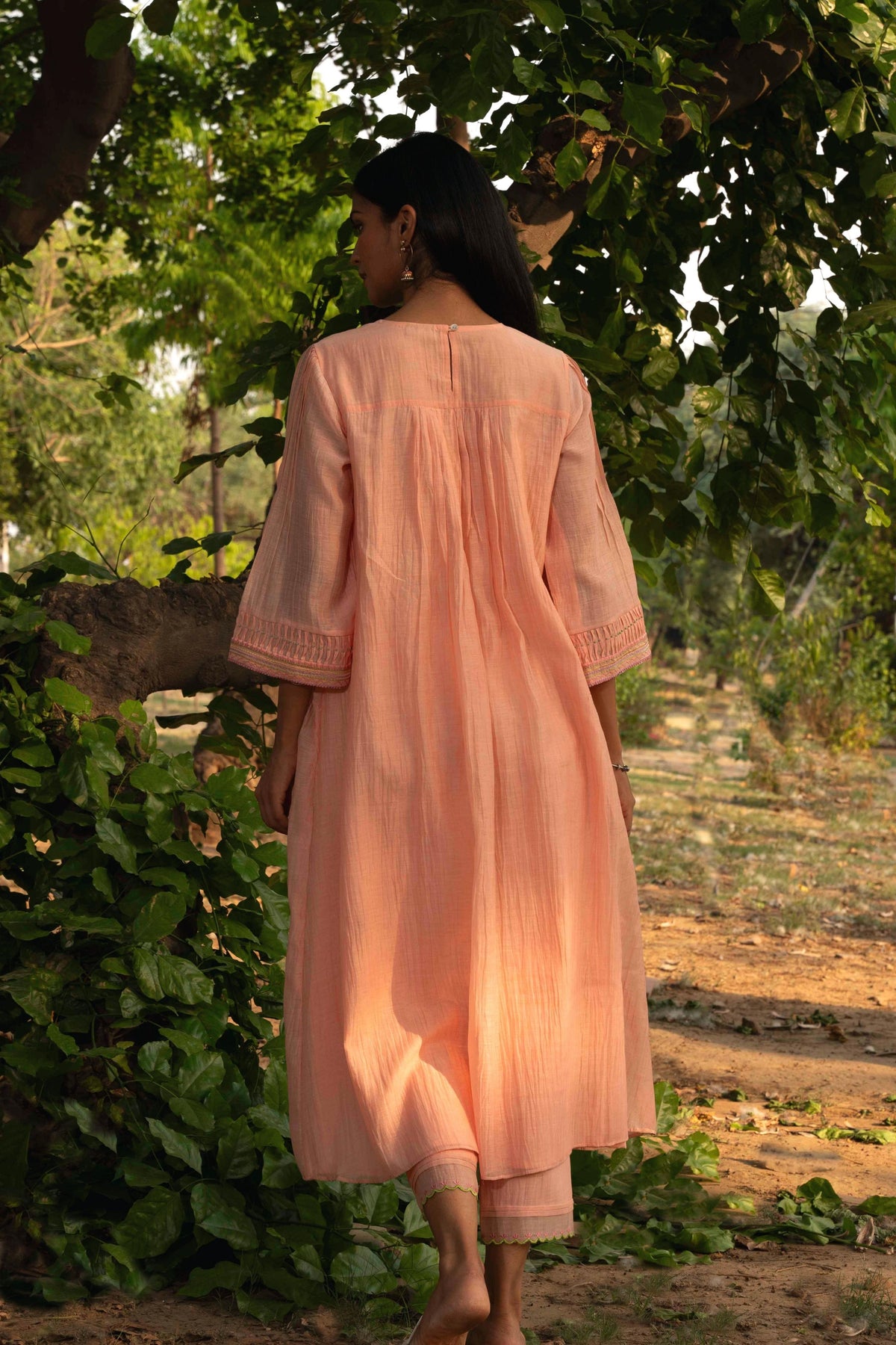 Peach Pleated Kurta  Set With Dupatta