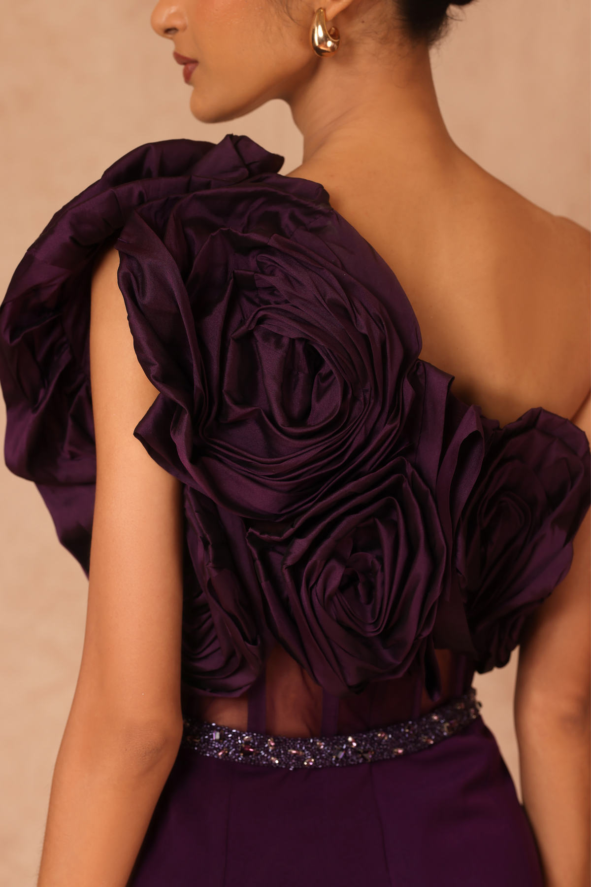 Purple Taffeta Draped Jumpsuit With Belt