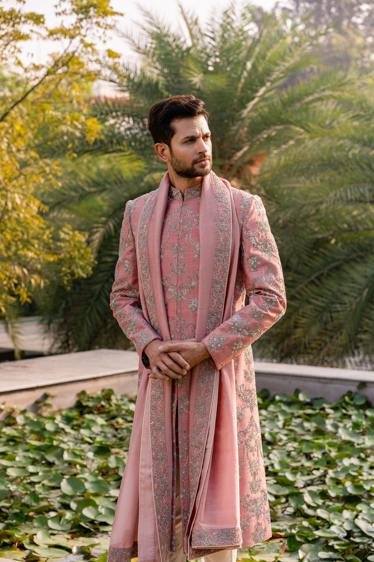 Peach Embroidered Sherwani Set