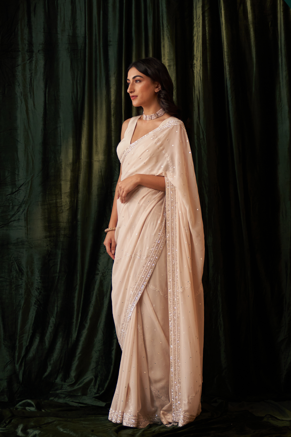 Ivory Chiffon Chikankari Saree