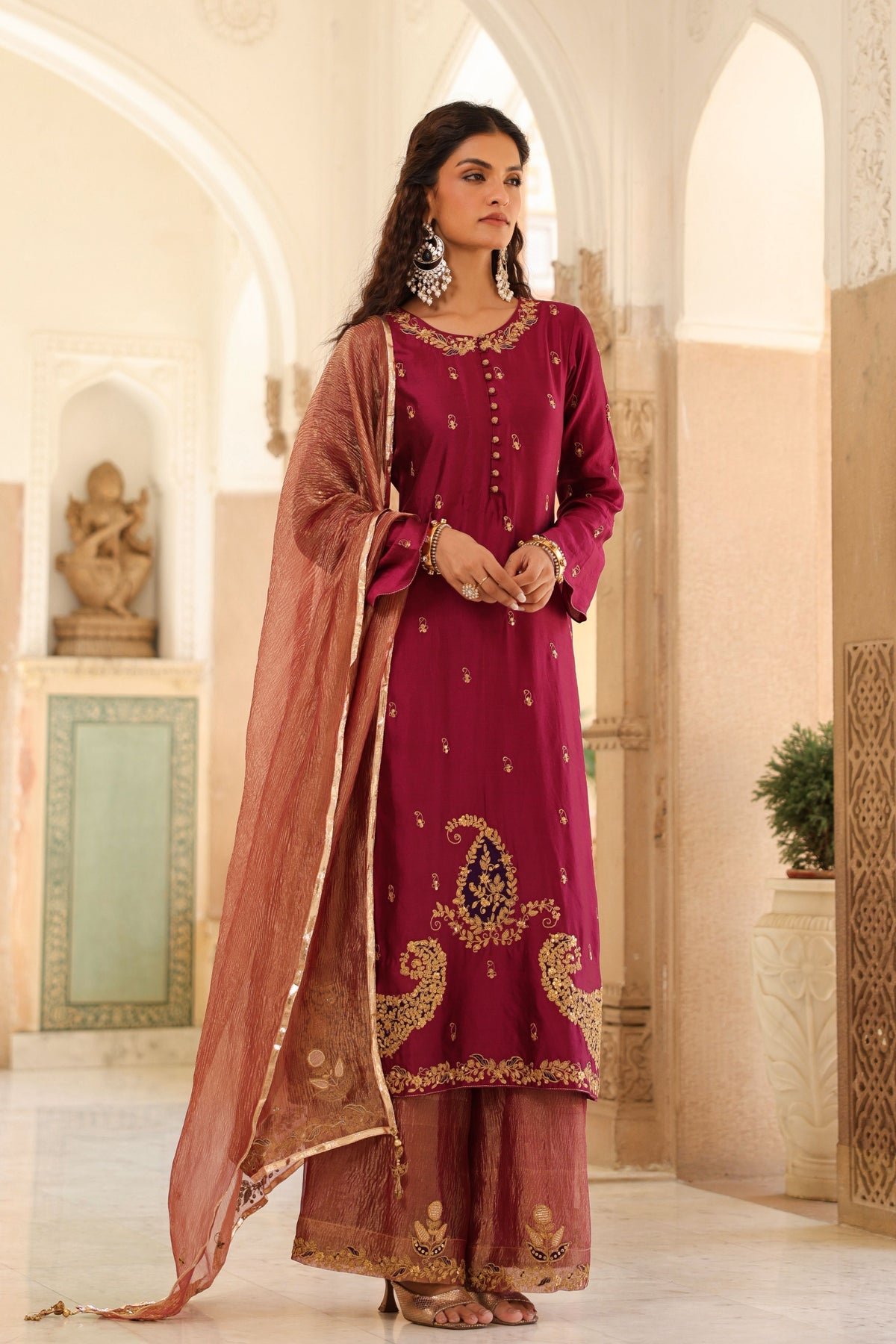 Applique Long Wine Kurta Set