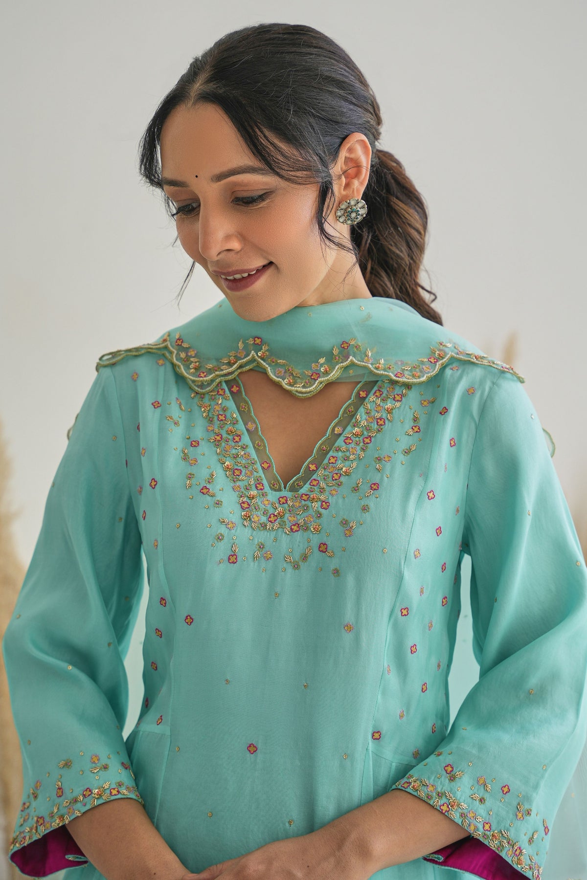 Feeha Anarkali Set in Aqua Blue With Dupatta