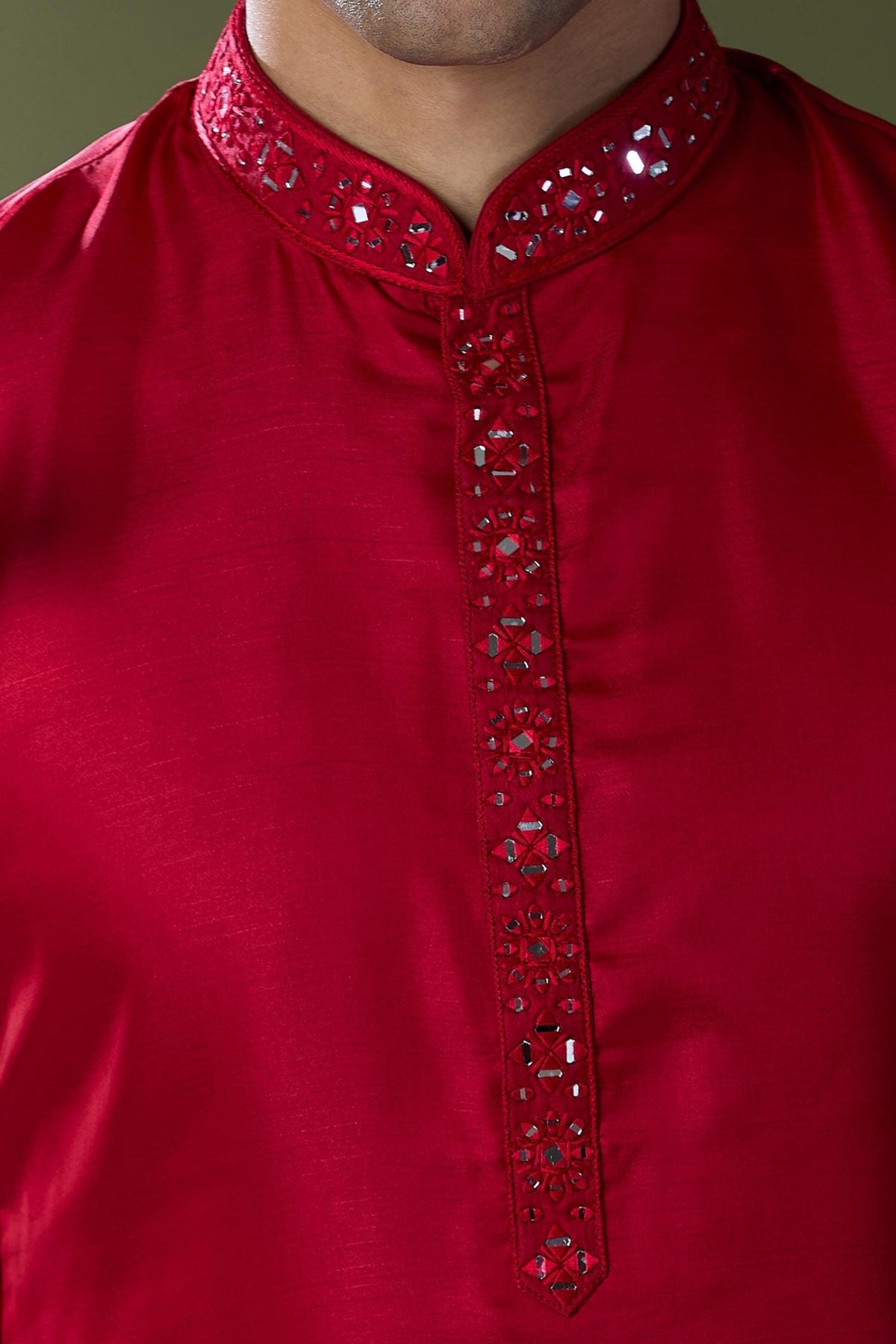 Cherry Red Mirror Embroidered Kurta Set