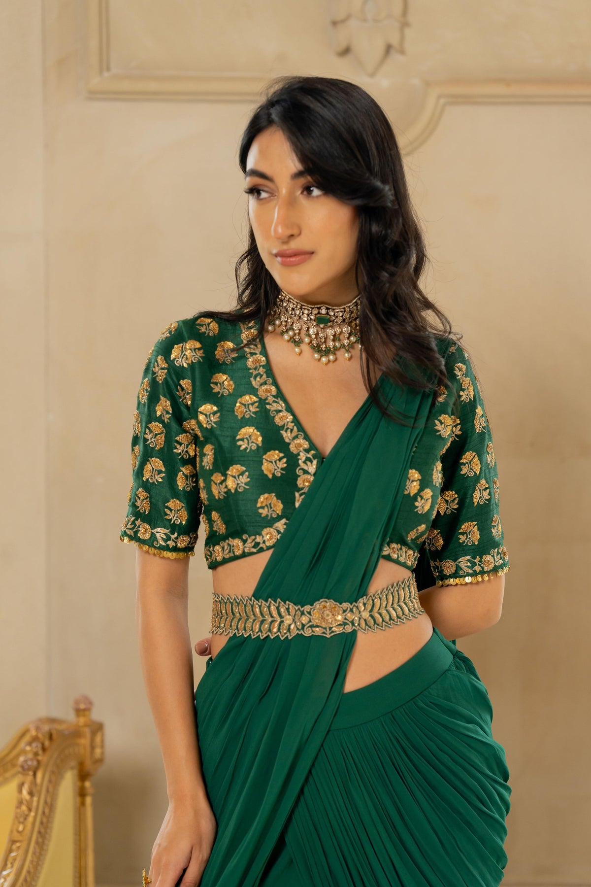 Emerald Green Antique Tone Saree Set