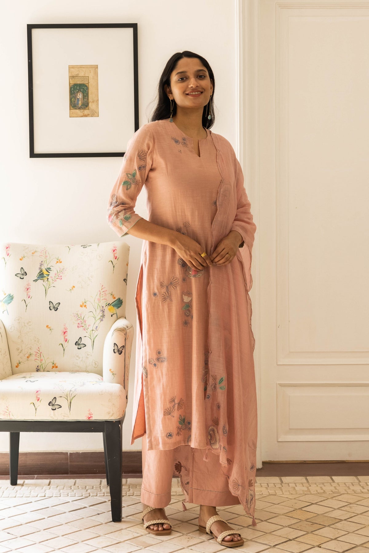 Oyster Pink Floral Kurta Set