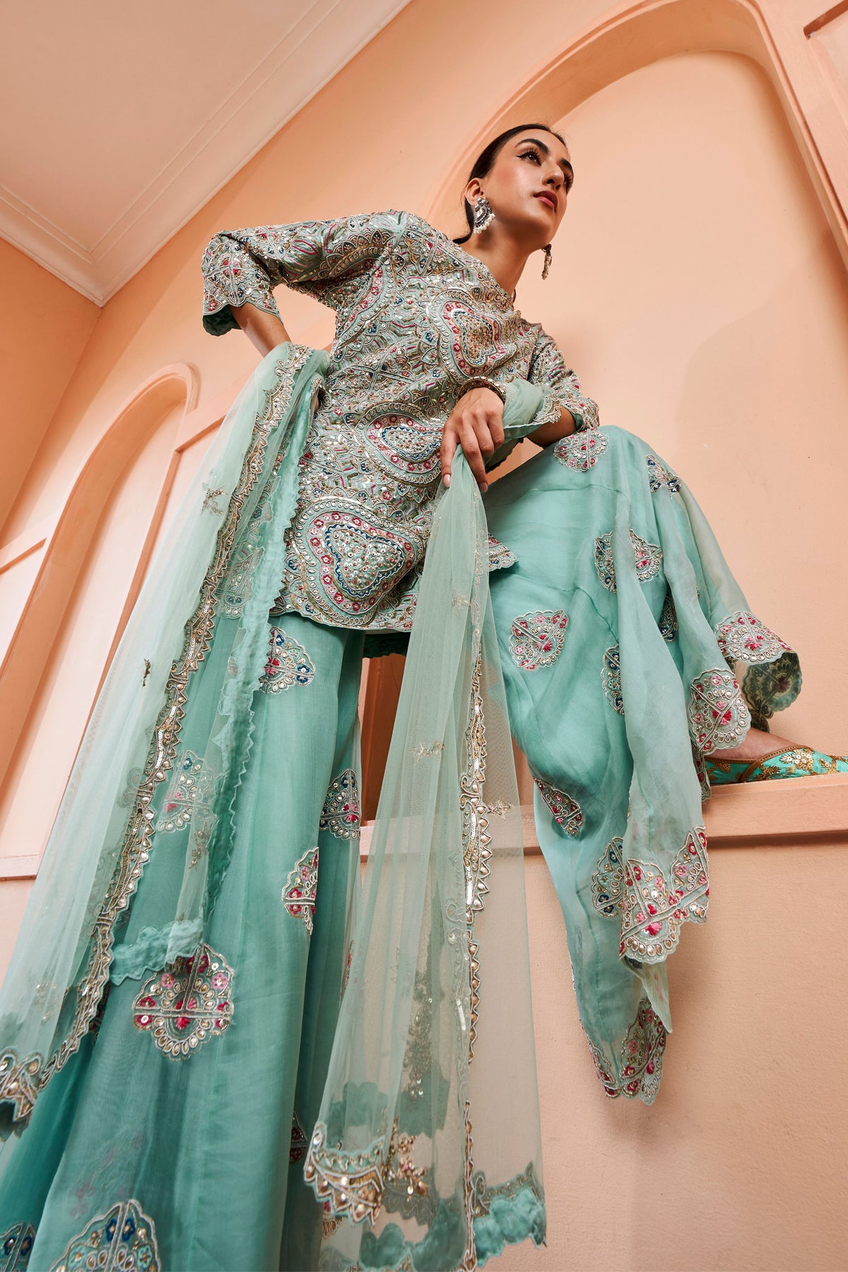 Cadet Blue Embroided Sharara Set