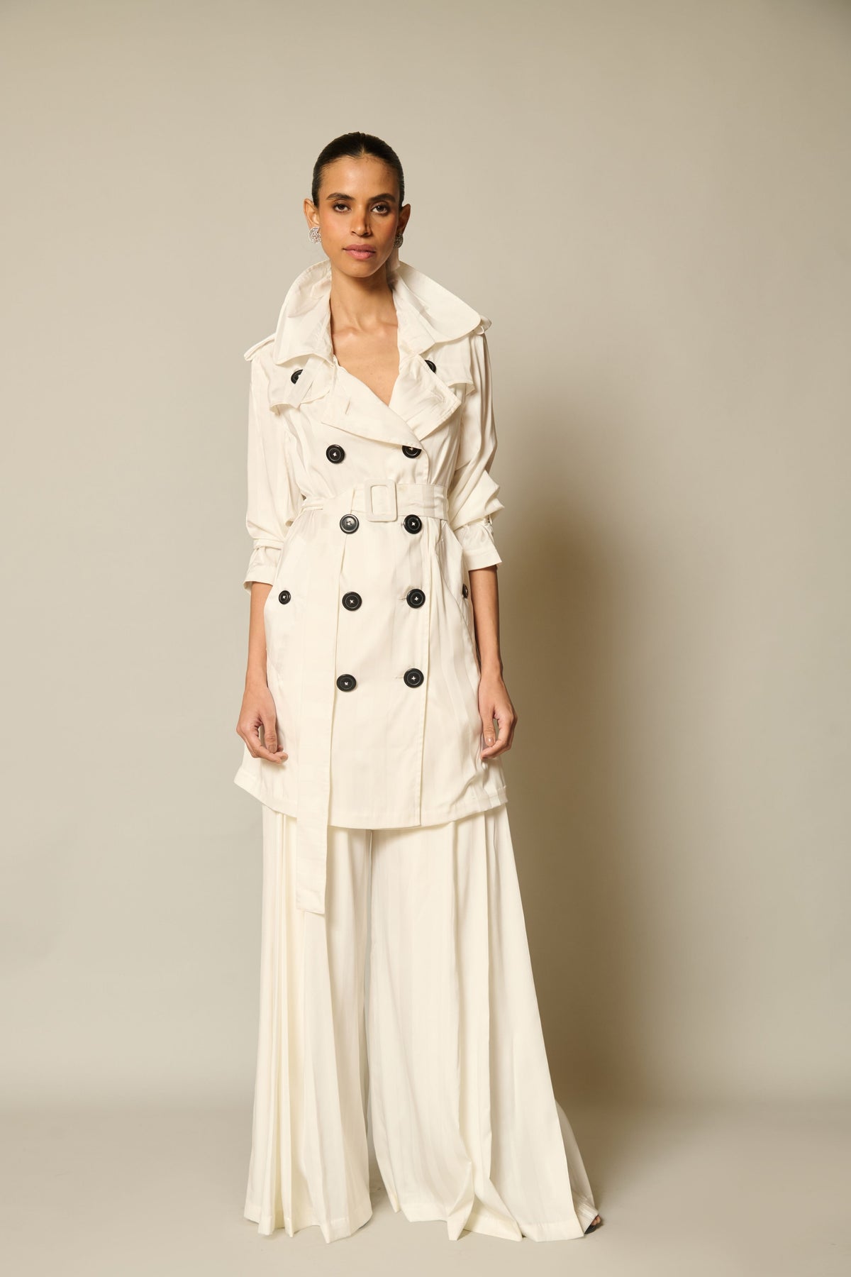 Checkmate Ivory Satin Striped Trench