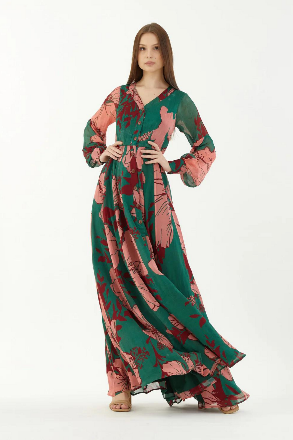 Green, Pink And Red Floral Long Shirt Dress