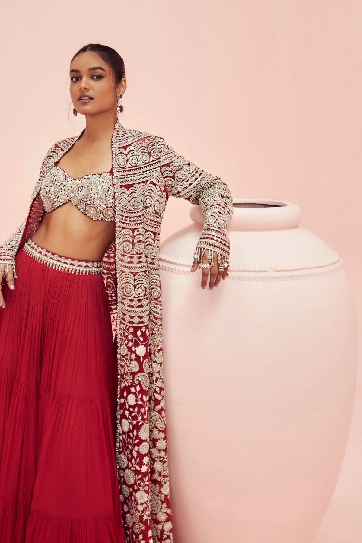 Red Embroidered Jacket And Skirt Set