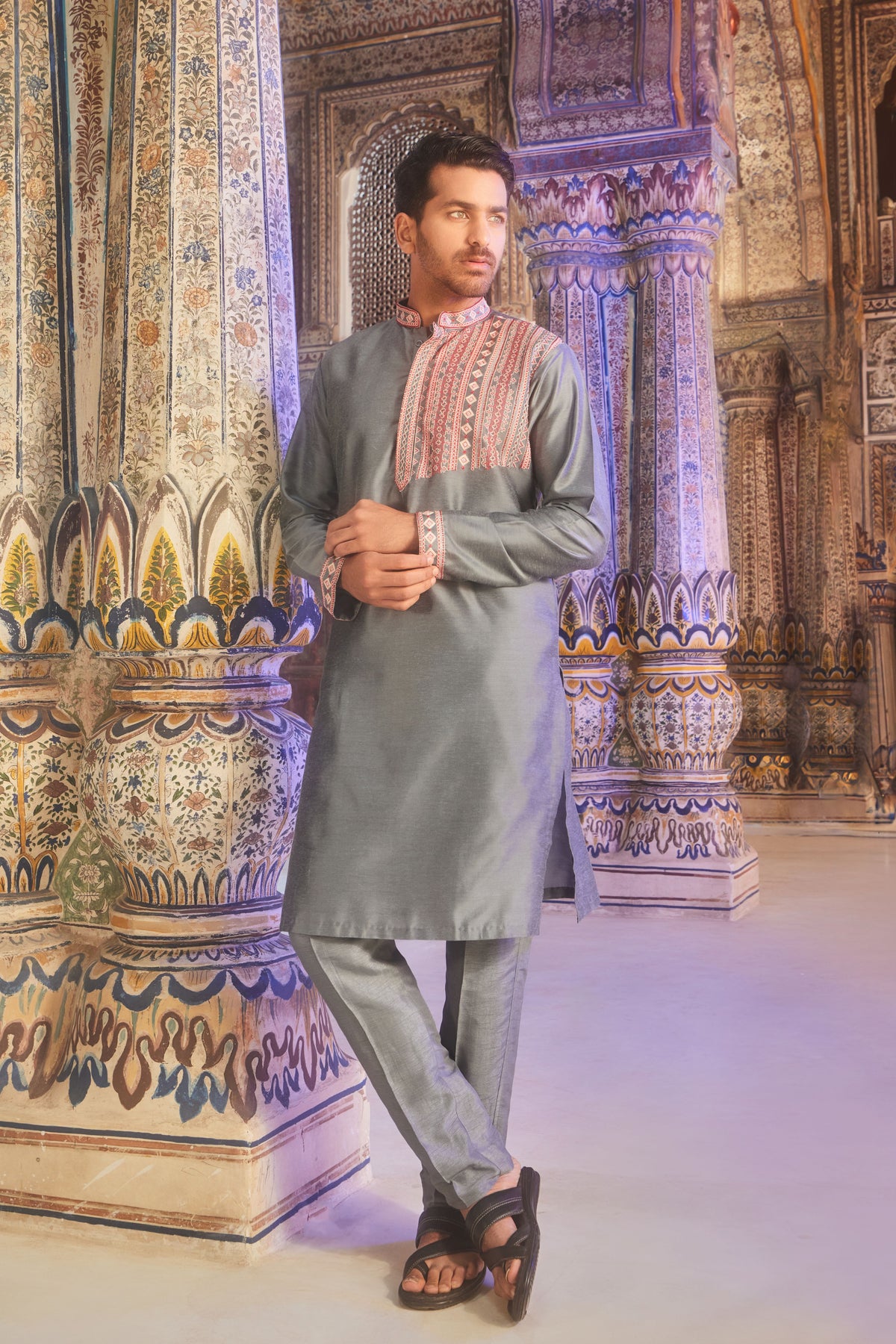 Grey Oneside Embroidered Kurta Set