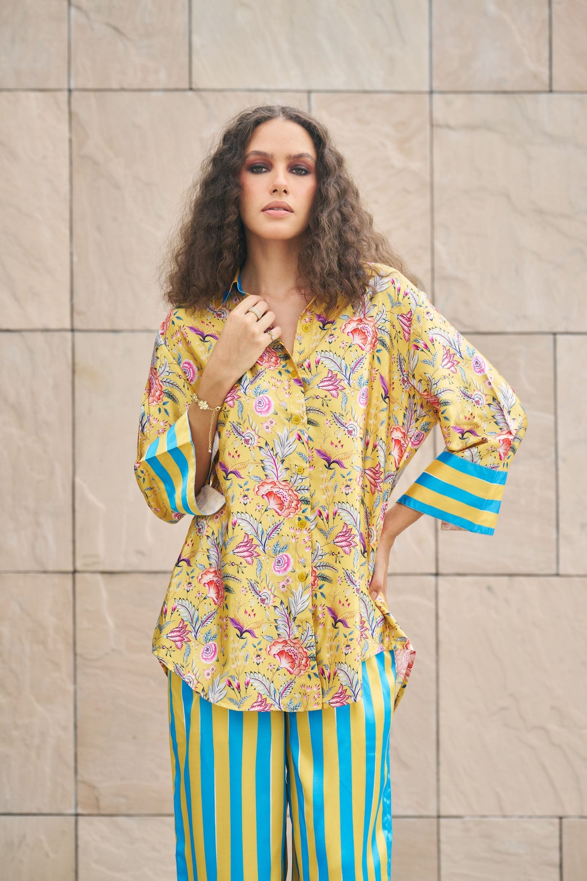 Yellow Floral Shirt With Stripe Pants