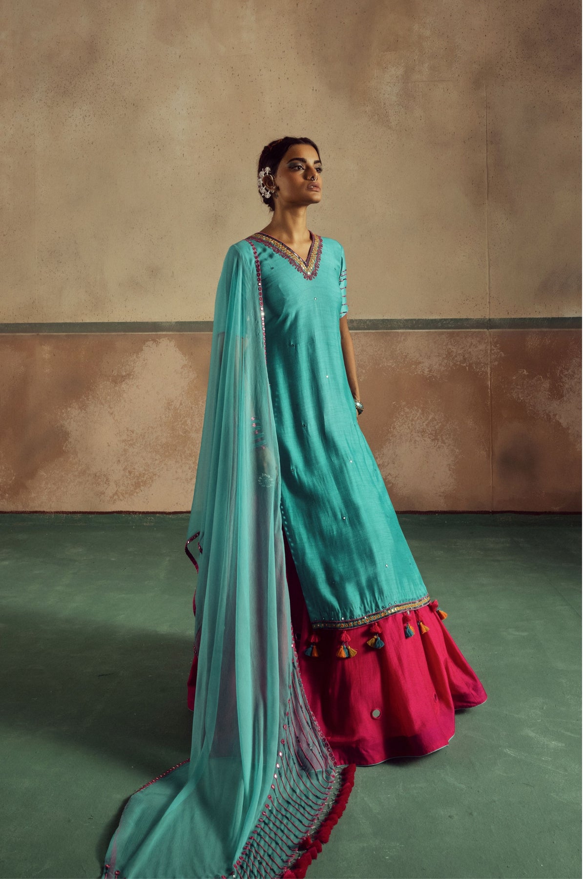 Backless Aqua Kurta Skirt Set