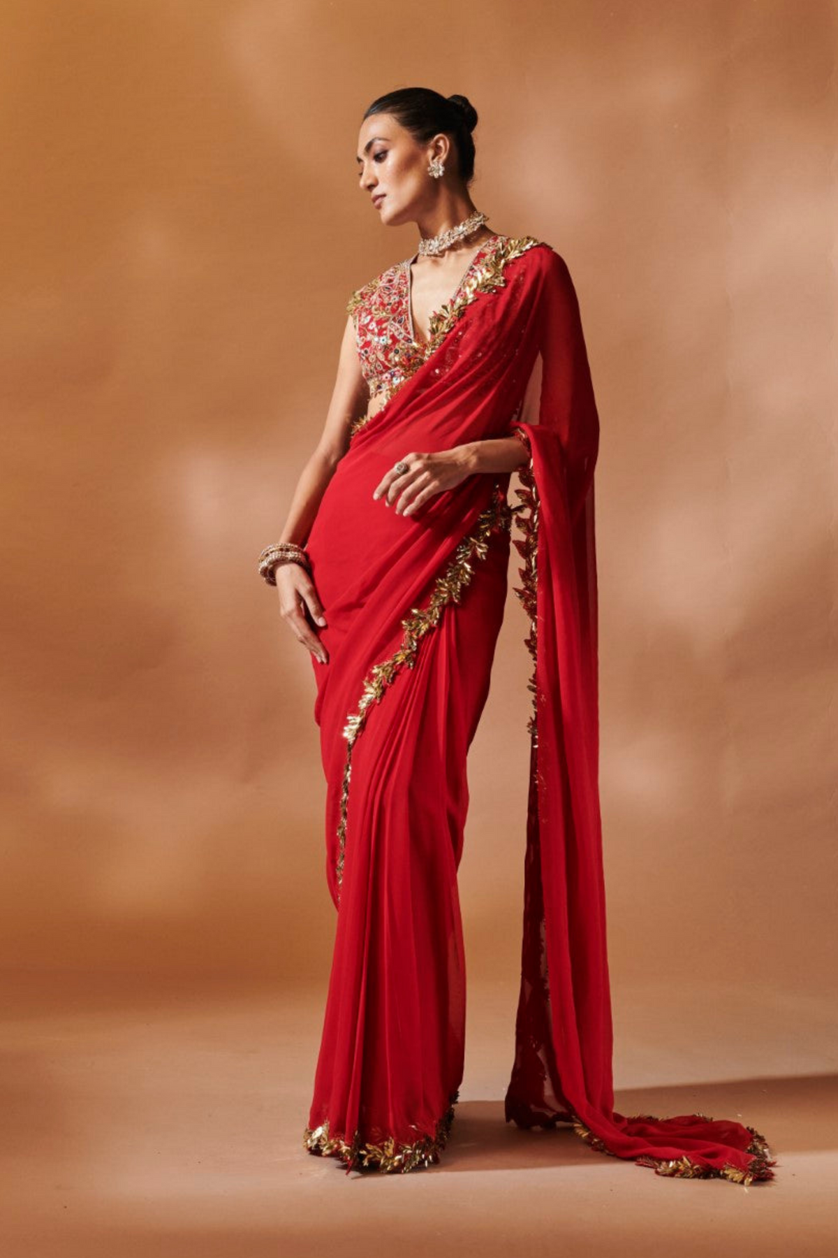 Red And Gold Embroidered Saree Set